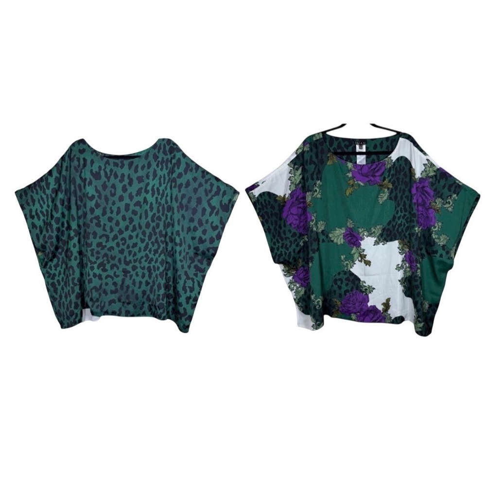 Iman Global Chic Reversible Poncho Top Green Leopard Floral Purple Rose XL/1X